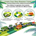 Tafeen Toys dinosaur track set with green flexible tracks, toy cars, and dinosaur figures displayed.