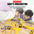 Father and son playing with yellow engineering railcar track toy set on table, Tafeen Toys