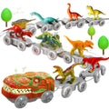 Dinosaur toy train set with colorful dinosaur figures on silver train cars, Tafeen Toys