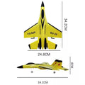 Yellow FX-620 SU-35 toy jet plane with CHINA AIR FORCE markings, shown with product dimensions.