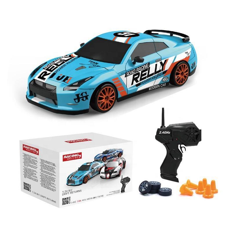 Remote control blue racing car toy set with controller, extra wheels, cones, and box from Tafeen Toys.